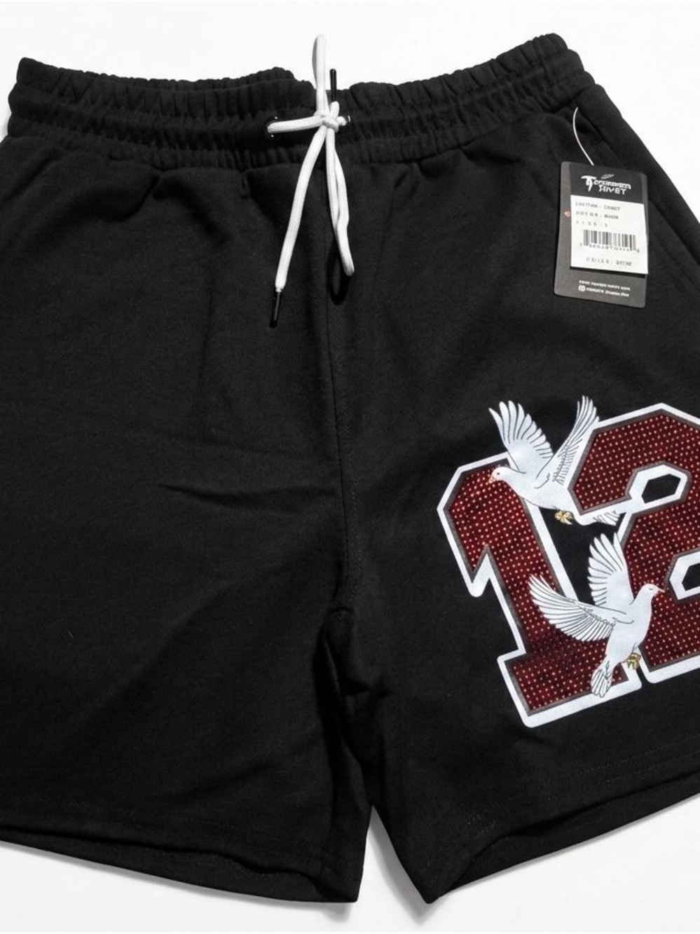 Men's Black Athletic Drawstring Shorts with Red '12' Graphic- M